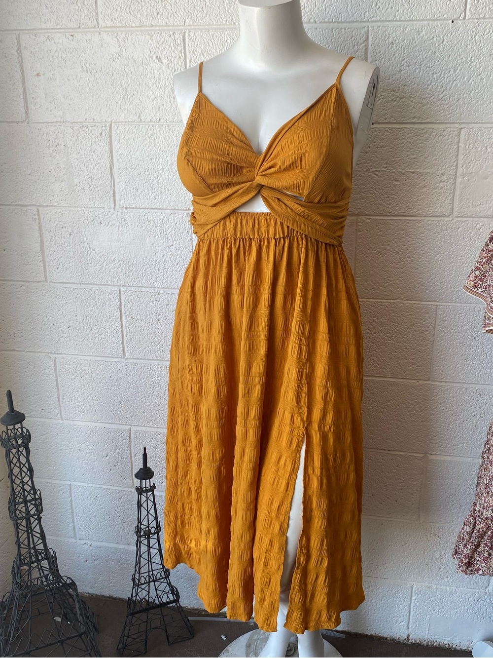 SHEIN Curve Mustard Yellow Twist-Front Midi Dress